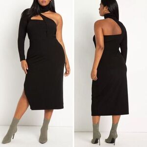 NEW Eloquii black Asymmetric Fitted Midi Dress, 14/16‎